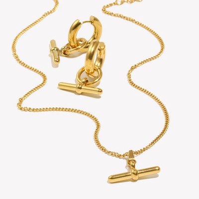 T Bar Pendant Necklace Gold Plated Stainless Steel Minimalist Chain Jewelry