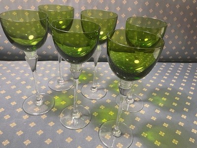 6 Copas De Vino Hermes,  8,5x22cm Sin Usar  Verde Oliva/transparente. Sin Caja