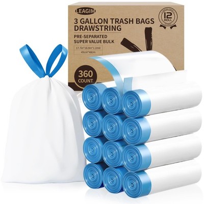 Small Trash Bags 3 Gallon 360 Count 1.2 Mil Drawstring White Mini Garbage Liners