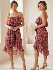 Bird Print Midi Dress High-Low Ruffle Trim Boho Lightweight Fairycore Tropical L