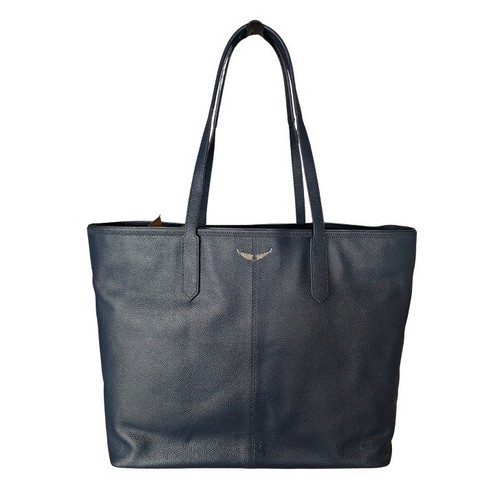 NWT Zadig & Voltaire Navy Blue Pebbled Leather Candide Tote Silver Wings Logo
