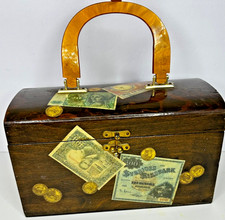 Vtg Wooden Box Purse decoupage Currency Amber Handle Signed NJ 74 Large