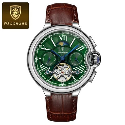 47MM POEDAGAR Automatic Men's Watch Moon Phase Leather 30M Waterproof Gift NEW