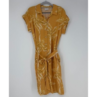 Shirt Dress Womens Medium Yellow Tropical Palm Leaf Tie Safari Resort Button Up
