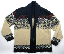 Vtg 1960s 70s Fair Isle Shawl Collar Full Zip Knit Acrylic Sweater Mod Sz M