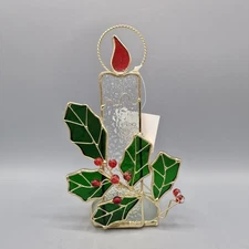VTG Holiday Stained Glass Tea Light Candle Holder Holly Leaves Christmas Decor