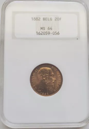 BELGIUM , GOLD 20 FRANCS 1882 - THE KEY DATE - NGC MS 64 ,,, RARE5