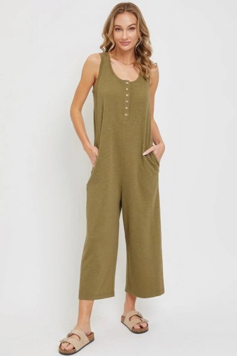 Women's Scoop Neck Buttondown Wide-leg Jumpsuit Sleeveless Pocket Loose Lounge - Picture 8 of 22