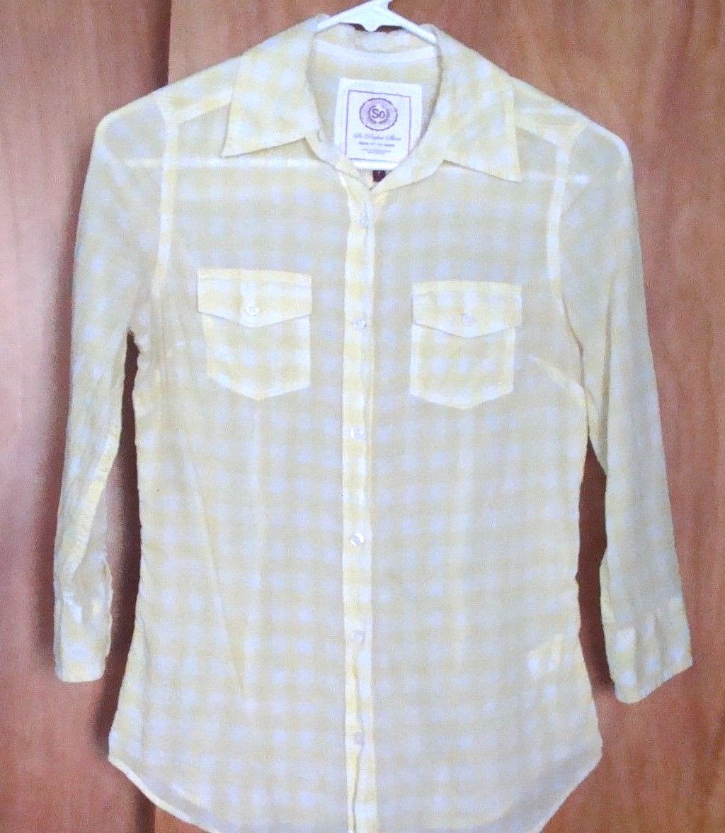 SO Button Up Shirt Blouse Top Size S Yellow White Plaid 3/4 Sleeves  Pockets