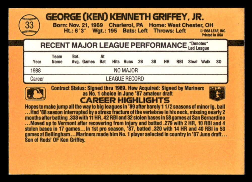1989 Donruss Ken Griffey, Jr. Rookie Seattle Mariners 33 EX-MT