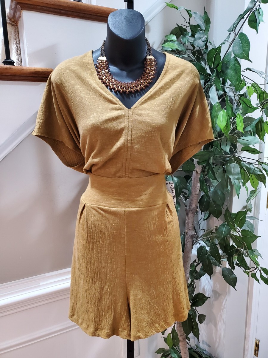 【TWIN COLLECTIVE】　Romper - Latte Brown Nine West Alderwood Brown Polyester Blend V-Neck Short