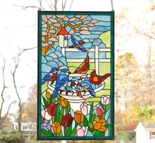 Tiffany Style Stained glass window panel bird bath birds w/ Flowers, 20" x 34"