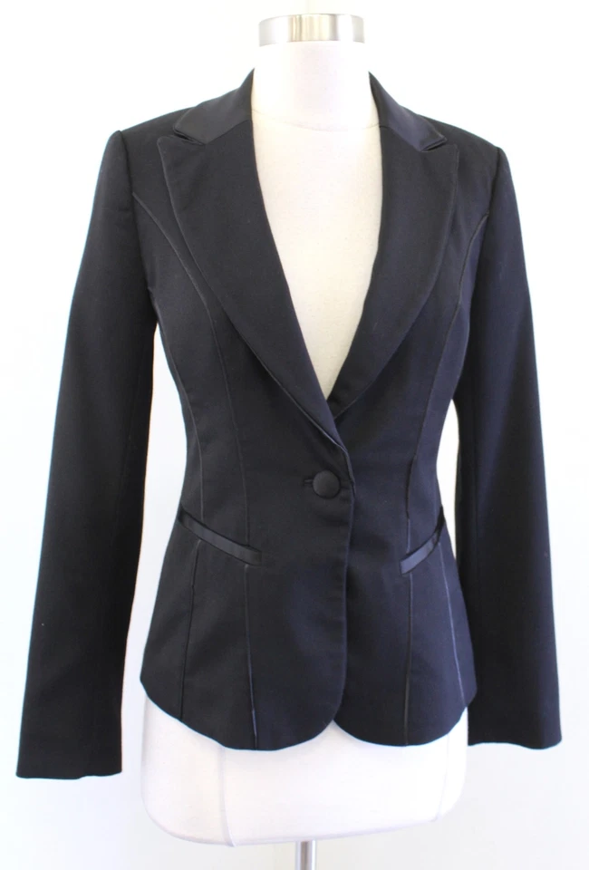 White House Black Market 黑色缎面装饰荷叶领西装外套夹克,尺寸 00 — 第 2/4 张图片