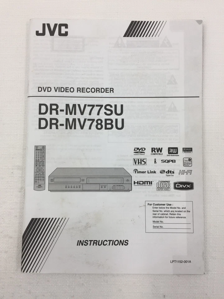 JVC OEM DR-MV77SU DR-MV78BU DVD VHS Recorder Owners Manual Original - Image 2 of 4