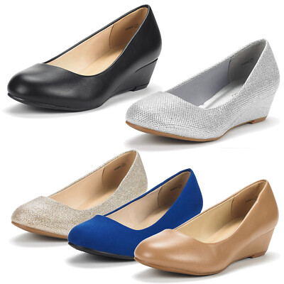 Women Slip On Low Chunky Wedge Heel Round Toe Comfortable Pump Dress Shoes NEW