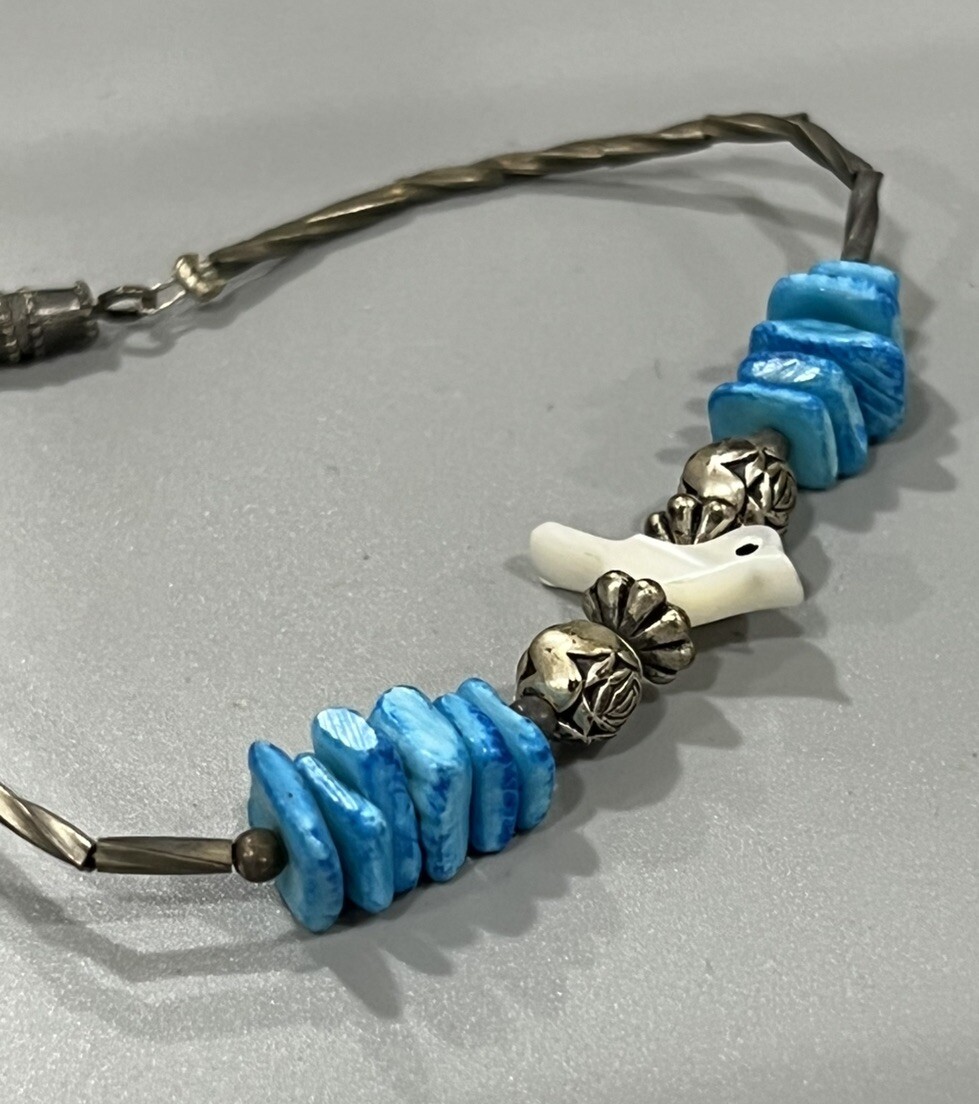 Handcrafted Shell Silver Tone Beaded Bracelet Bir… - image 3