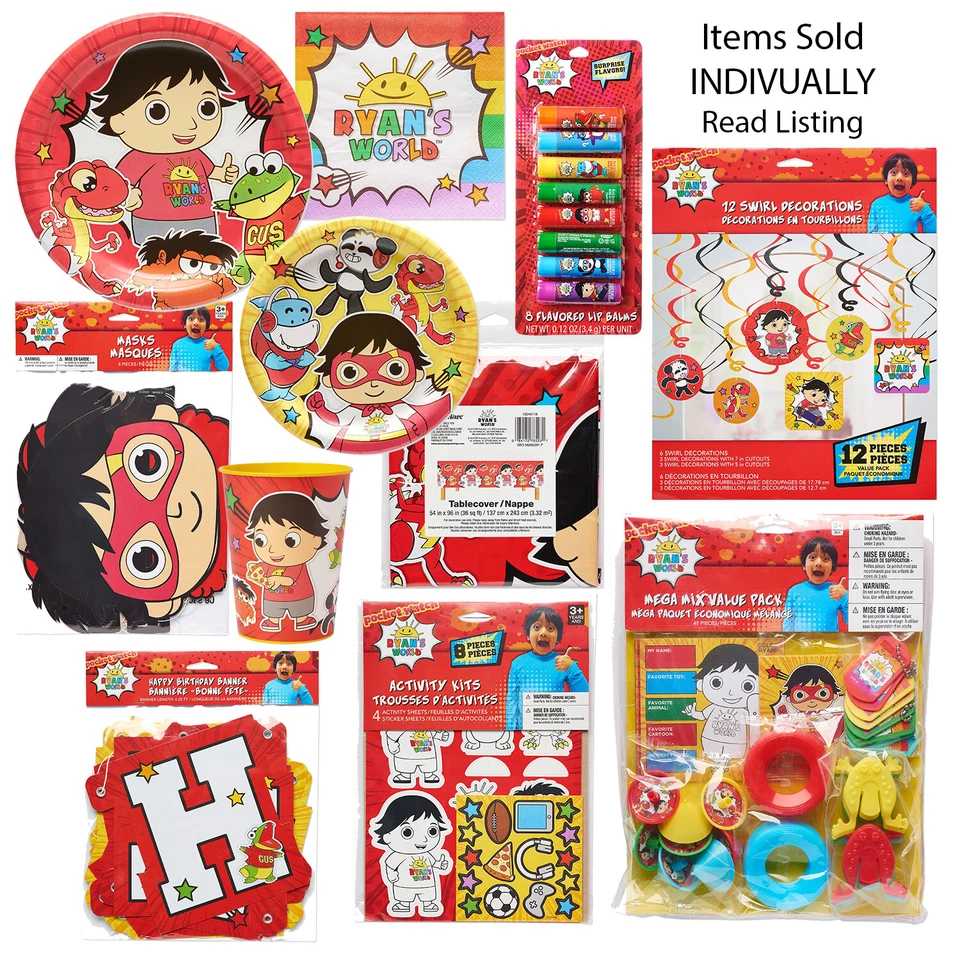 DESIGNWARE RYAN'S WORLD Birthday Party Plates Napkins Banner Gummies Toys Favors Cups Masks