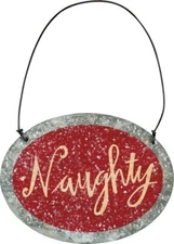 Naughty Red Tin Small Hanging Sign Holiday Ornament Primitives By Kathy 