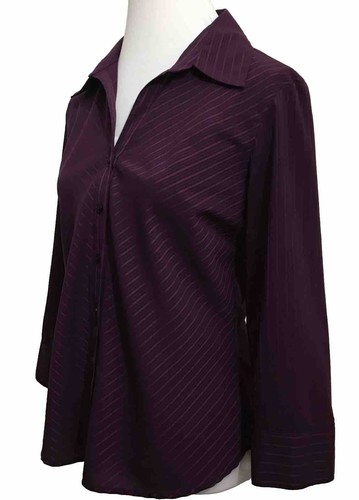 Ninety Womens Shirt M Stretch Maroon Striped Collared Buttons Up Long Sleeves - Picture 3 of 14
