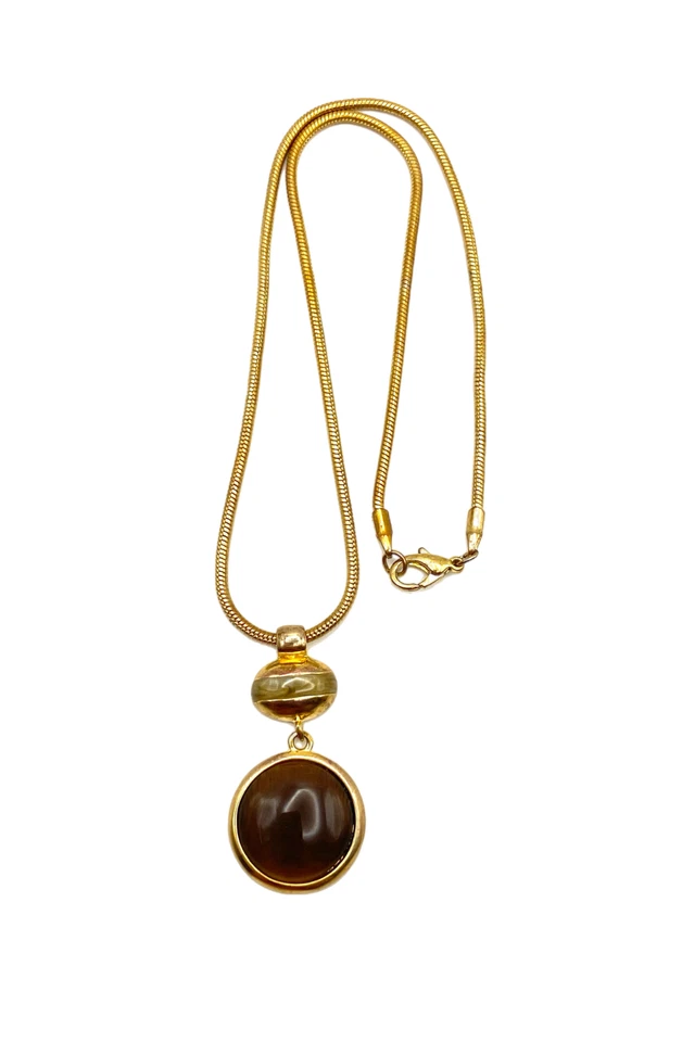 Kenneth Cole Brown Tiger's Eye Round Glass Pendant Necklace Gold Tone 16" Enamel - Image 3 of 4