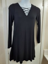 Express M Simple Black Long Sleeve swing V-neck Dress 