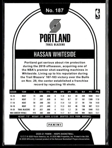 2020-21 Hoops Red Explosion Hassan Whiteside #187 TS1 - Picture 2 of 2