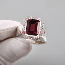 Nat&uuml;rlich Granat Edelstein Mit 14K Wei&szlig; Vergoldet Silber Ring f&uuml;r Herren #1436