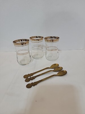 Pasabahce Golden Touch Tempo 6 Pc Set Tea Glass Mini With Gold Rim 4.1oz Spoons