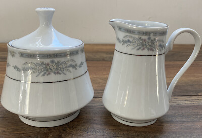 Crown Ming Fine China DIANA Jian Shiang Flowers Silver Trim Creamer & Sugar Bowl