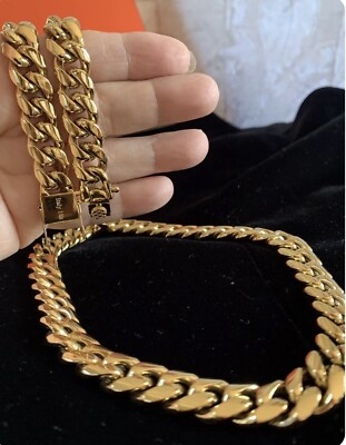 Collana Cubana Incisa Italia 18k Oro Pieno 26 Pollici, Maglia 14mm, Uomo Unisex