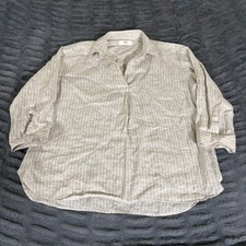 Uniqlo Womens 100% Linen Striped V-Neck Tunic Blouse Beige White M 483872