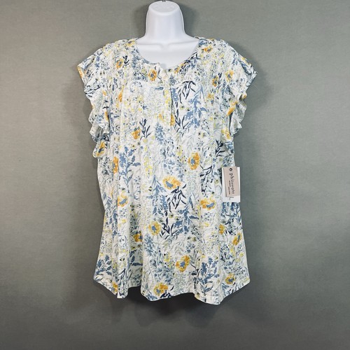 Philosophy Top Womens Size 3X Blue Yelllow Floral Ruffle Cap Sleeve - Picture 1 of 14