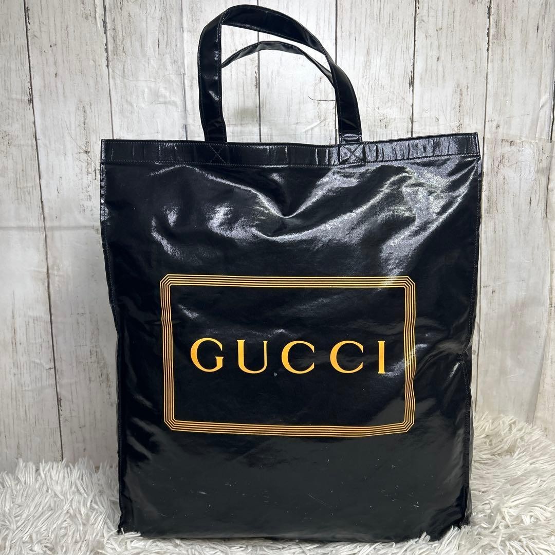 GUCCI Logo Print Large Tote Bag Black Coated Canvas Shopper Auth from Japan thumbnail 6