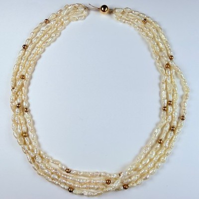 14K Solid Yellow Gold & Freshwater Keisha Pearl Multi Strand Vintage Necklace