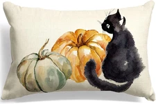 GTEXT Fall Throw Pillow Cover Autumn Watercolor Pumpkin with Black Cat Cushion C