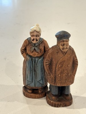 Vintage Hand Painted Wooden 3  Figurines Man and Woman Decorative Sculpture
