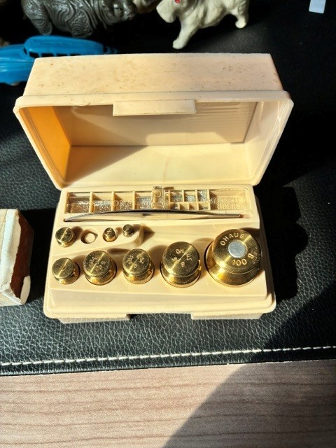 Sto-A-Weigh Brass Calibration Weight Set and vintage brass scale weight set