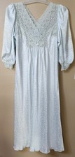 Christian Dior Vintage Blue Floral Embossed Long Nightgown Rosettes Size Medium