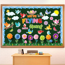 82 Pcs We'Re Flying into Spring Bulletin Board Set Spring Floral Bird Cutouts wi