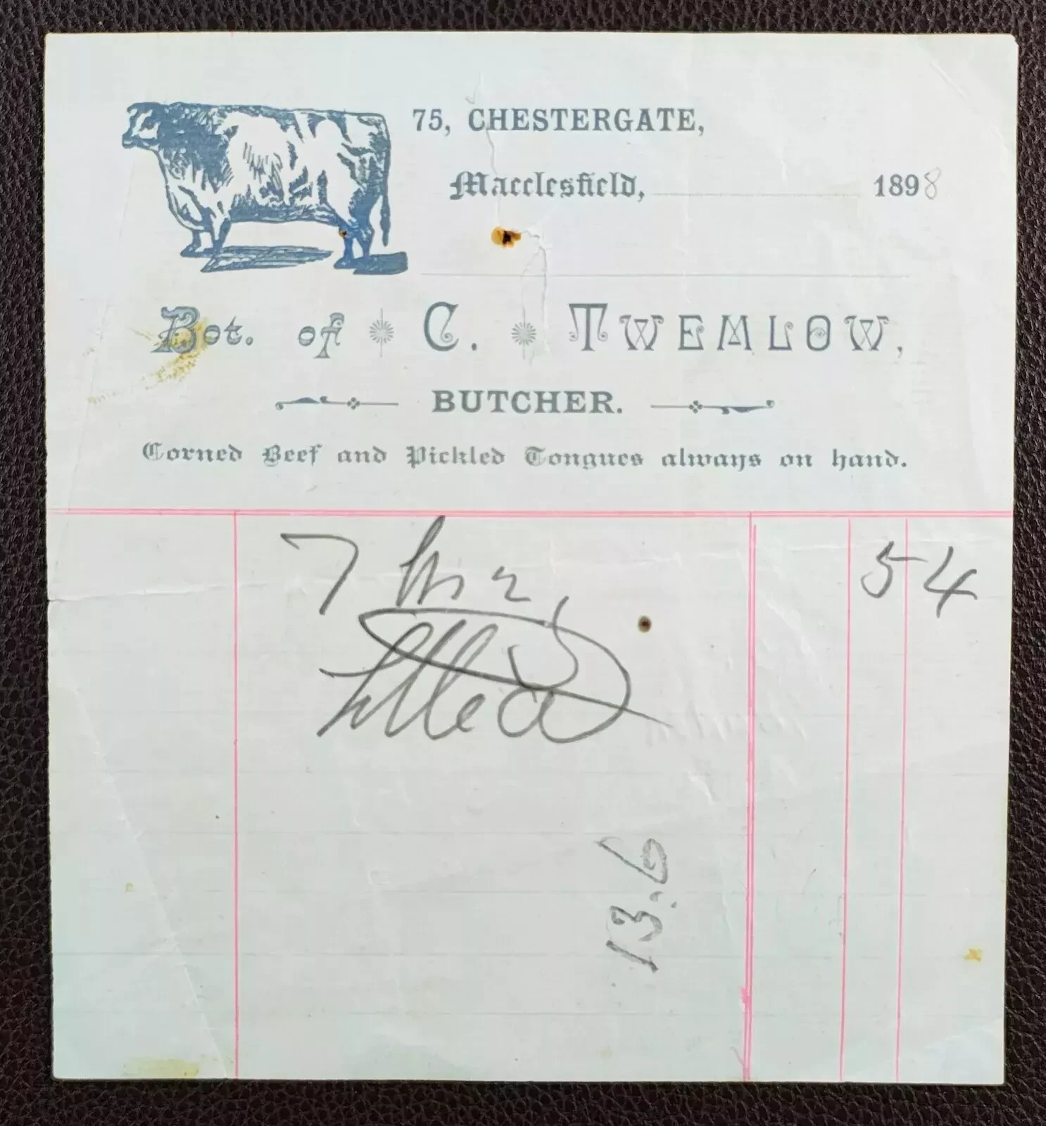 1898 C. Twemlow, Butcher, 75 Chestergate, Macclesfield Invoice