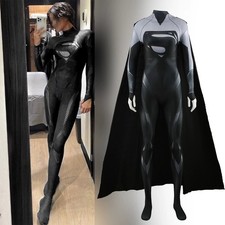 Black Supergirl Jumpsuit Cosplay Cloak Superwoman Costume Adult Kids Halloween