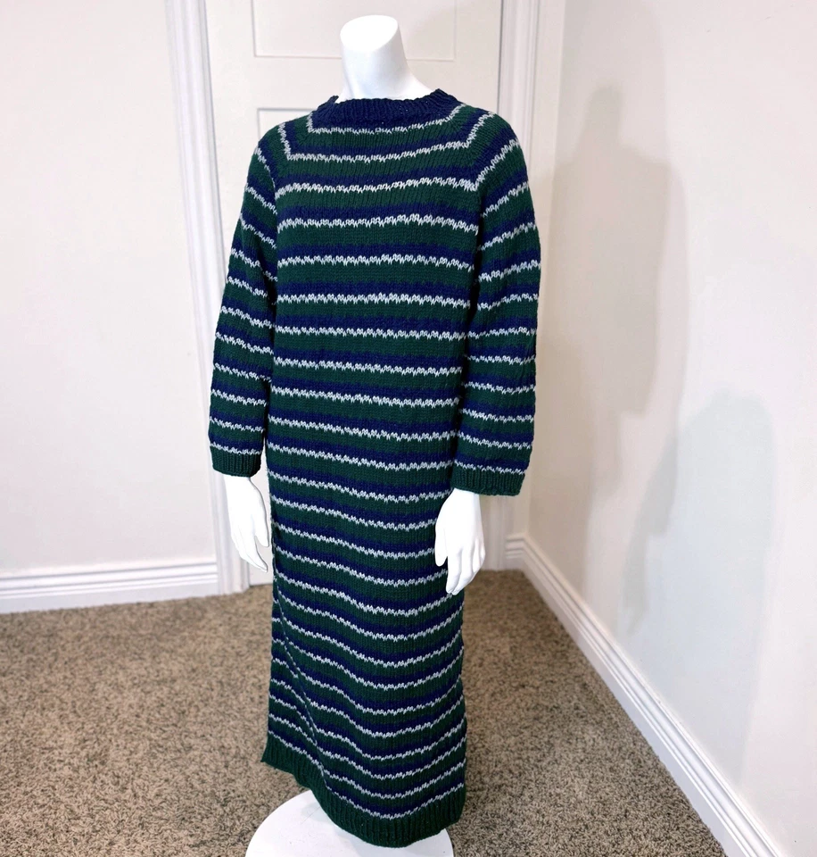 Винтажный 90-х ручной вязки в полоску вязаный свитер платье богемное большого размера с длинными рукавами - Изображение 2 из 4