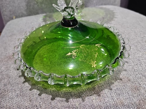Avocado Green Glass MCM Empoli Compote Lidded Clear Candy Jewelery Dish 11" - Picture 8 of 16