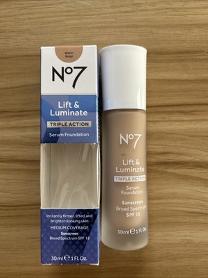No7 Lift & Luminate Triple Action Serum Foundation, Warm Beige, 1 fl oz, NEW
