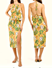 FARM RIO Biriba Halter Open Back Midi Dress with Slit in Yellow Multi sz XS $255