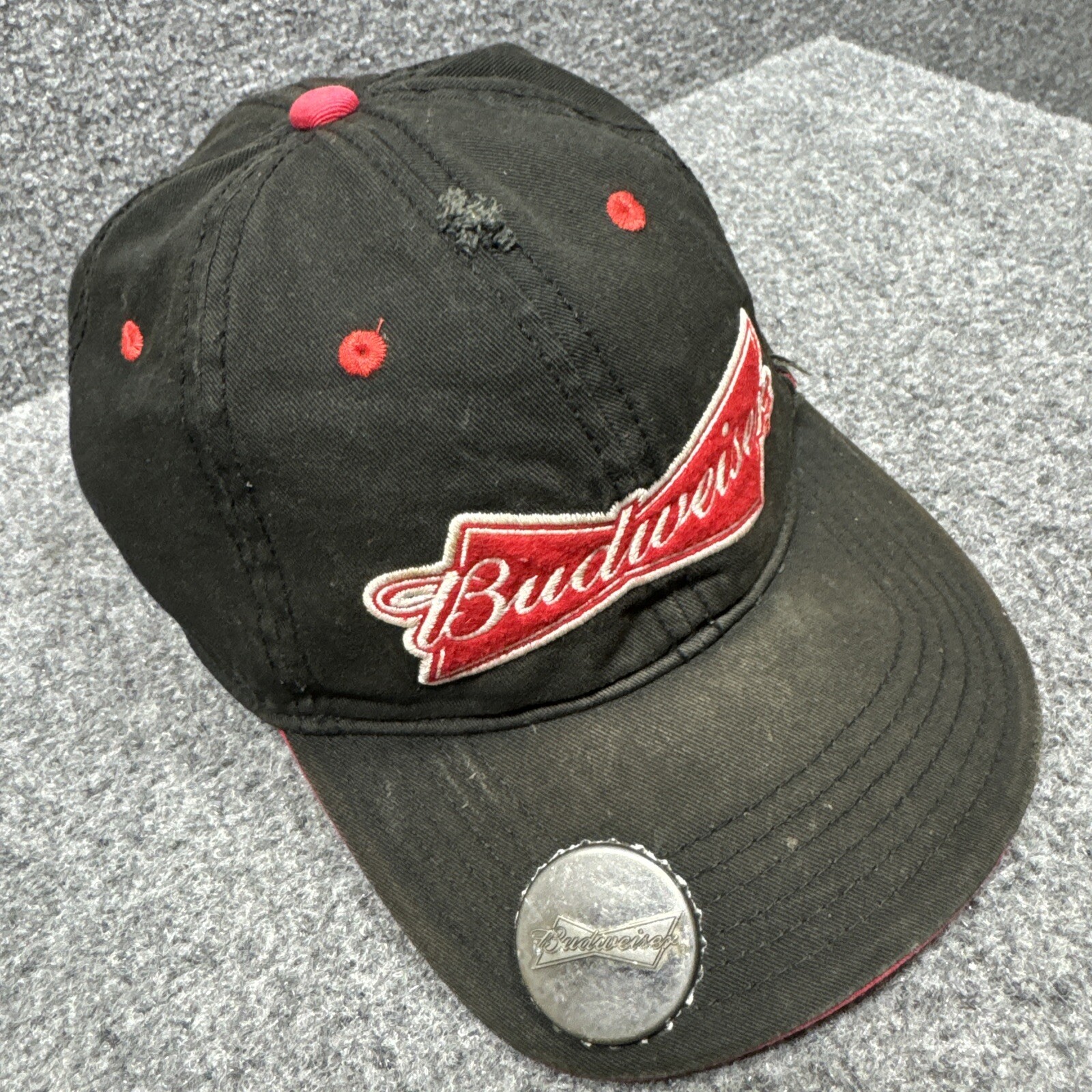 Budweiser Red Black Bottle Cap Opener Baseball Hat Cap Genuine Adjustable