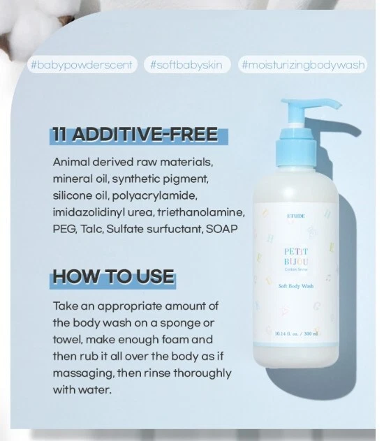 ETUDE Petit Bijou Cotton Snow Soft Body Wash 300ml Mild Body Cleanser K-Beauty - Image 4 of 4