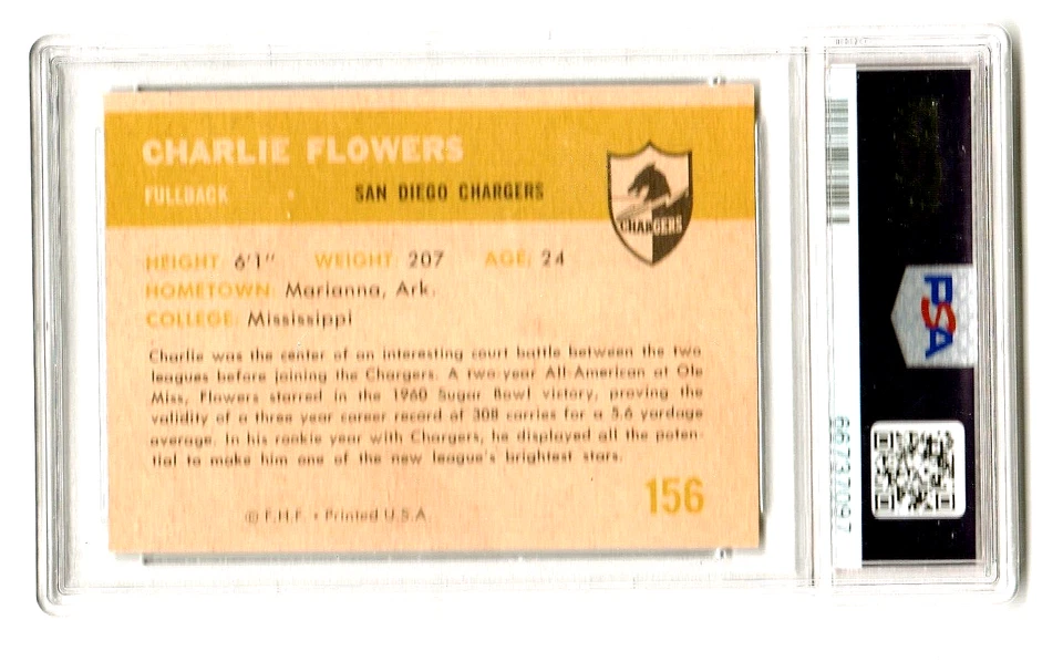 1961 FLEER FOOTBALL CARD #156 CHARLIE FLOWERS GRADED PSA 9 NQ SAN DIEGO CHARGERS - Image 4 of 4