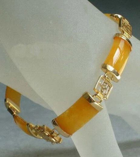Yellow Jade 18KGP Fortune Emolument Longevity Luck Link Clasp Bangle Bracelet - Image 2 of 3