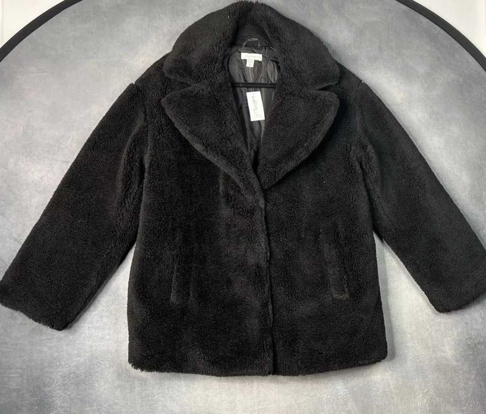 Abrigo Borg TOPSHOP Negro Imitación Piel Longitud Media Muesca Cuello Bolsillos Mujer Talla 0-2 Foto 2 de 4